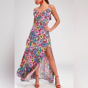 Lulus Dynah Red Floral Print Sleeveless Maxi Dress w High Side Slit Size Medium